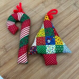 Vintage Patchwork Pillow Ornaments Tree And Candy‎ Cane Lot Of 2
